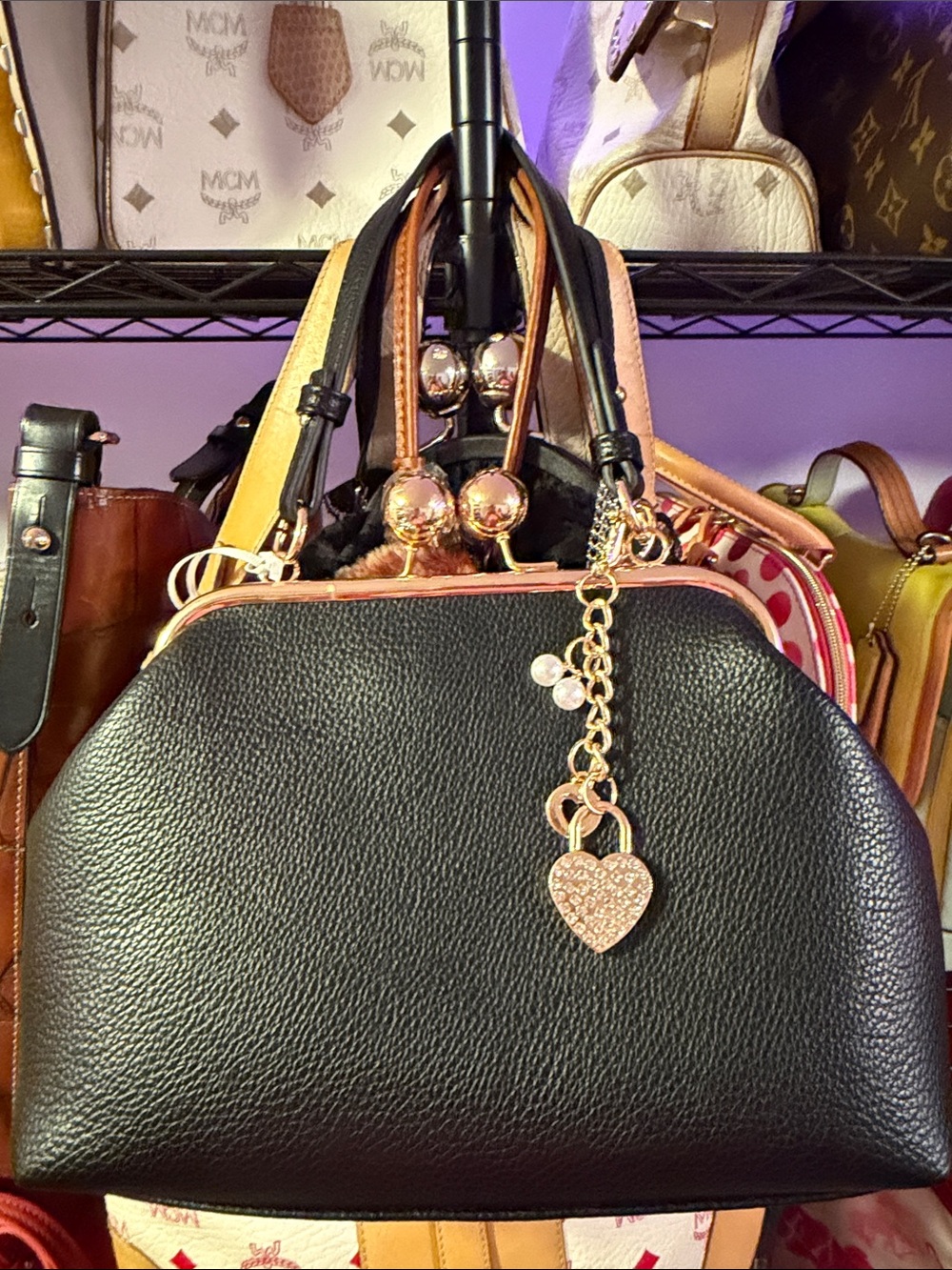 Alissa Black Leather Top-Handle Satchel with Rose Gold Heart Charm